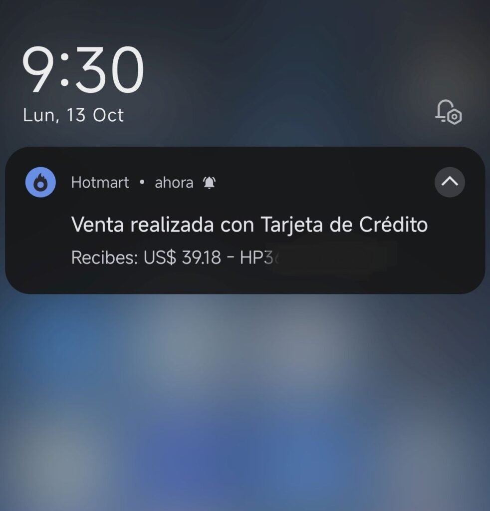 Captura de una comisión ganada gracias a una venta del curso "mi primera venta en 7 días"